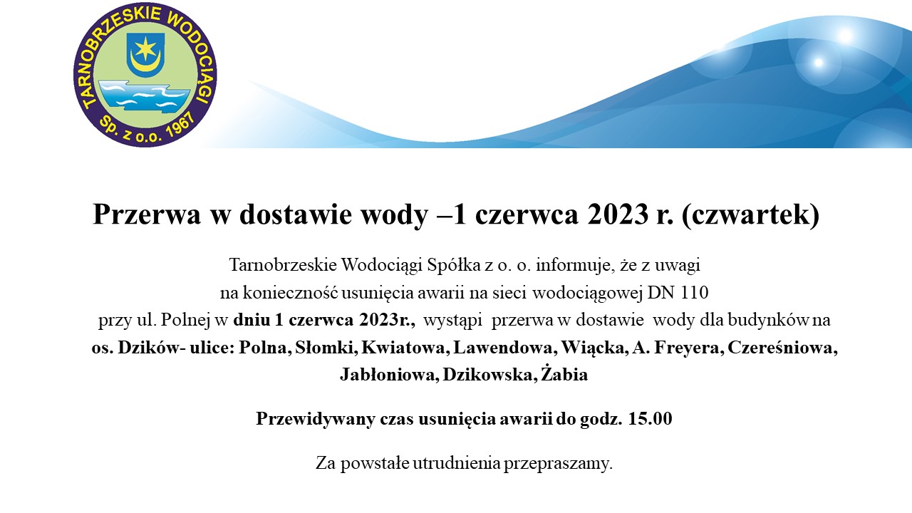 Przerwa w dostawie wody - 1 czerwca 2023 r. na os. Dzików